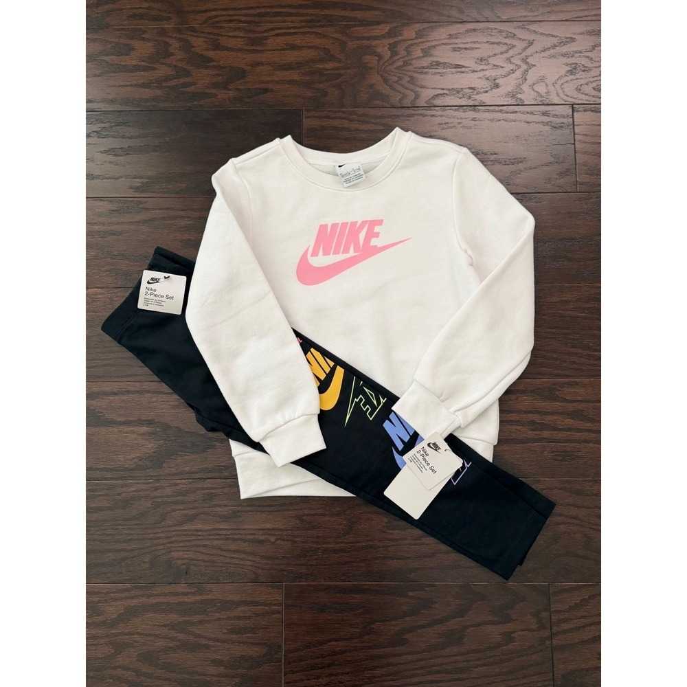 Nike Girls 2-Piece Set Sweatshirt and Leggings White Black Pink Size 6X